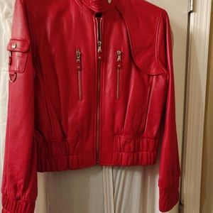 Andrew Marc red leather moto bomber jacket